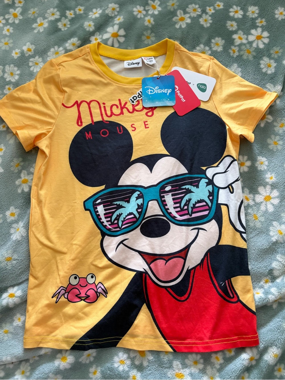 PatPat Yellow Mickey Mouse Graphic Tee with Teal Sunglasses and Red Accents